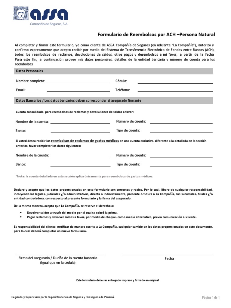 Formulario de reembolsos por ach pdf pdf bancos seguro