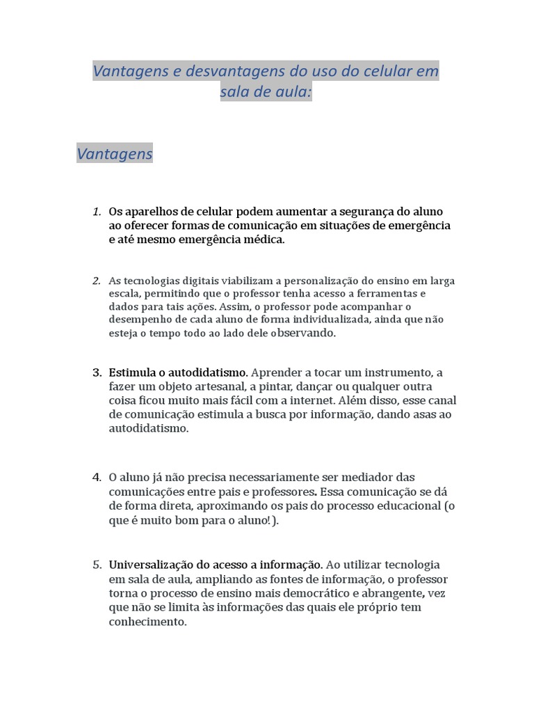 Vantagens e desvantagens do uso de celulares na sala de aula | PDF
