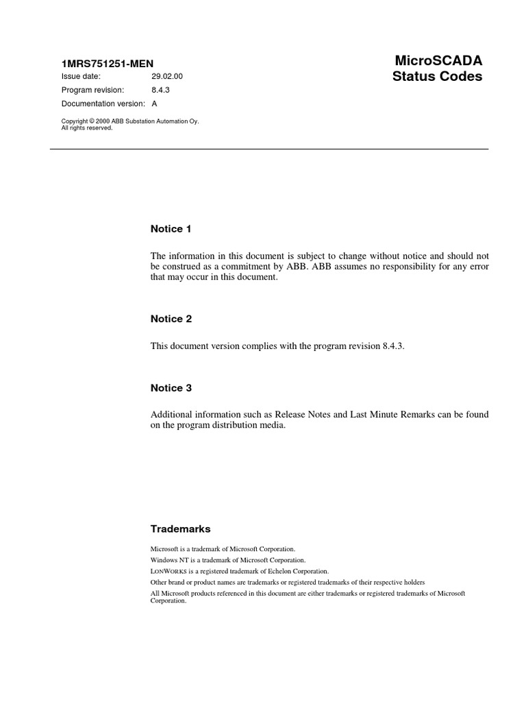 Microscada Status Codes: 1Mrs751251-Men | PDF