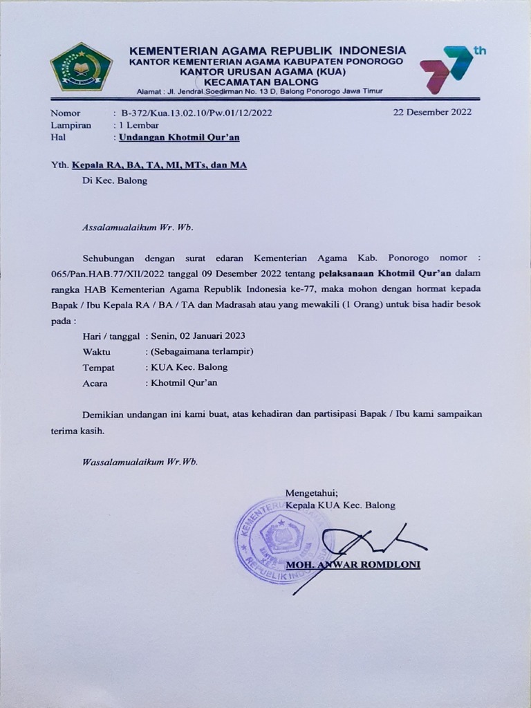 Undangan Khotmil Qur'an KUA Balong | PDF