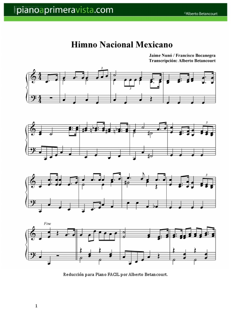 Himno Nacional Mexicano Partitura fácil para piano