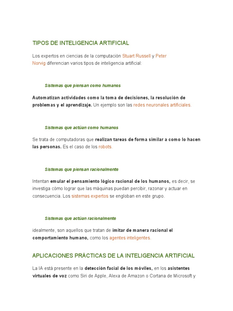 Tipos de Inteligencia Artificial según Russell | PDF | Inteligencia ...