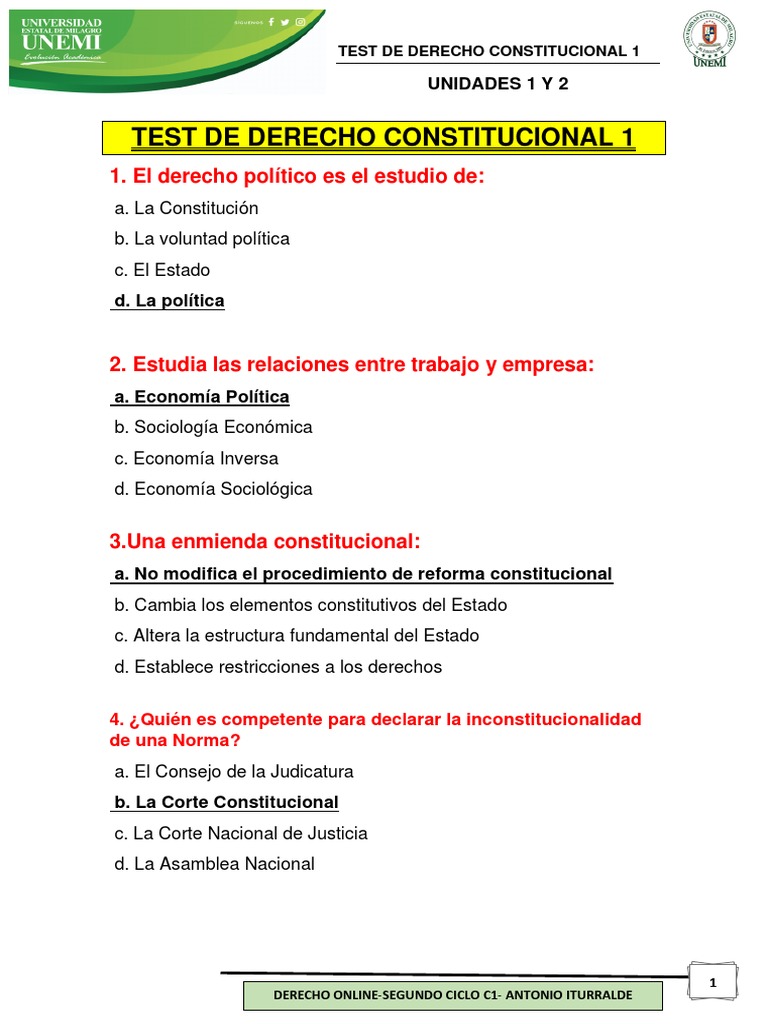 Test de Derecho Constitucional 1 PDF | PDF | Constitución | Ley ...