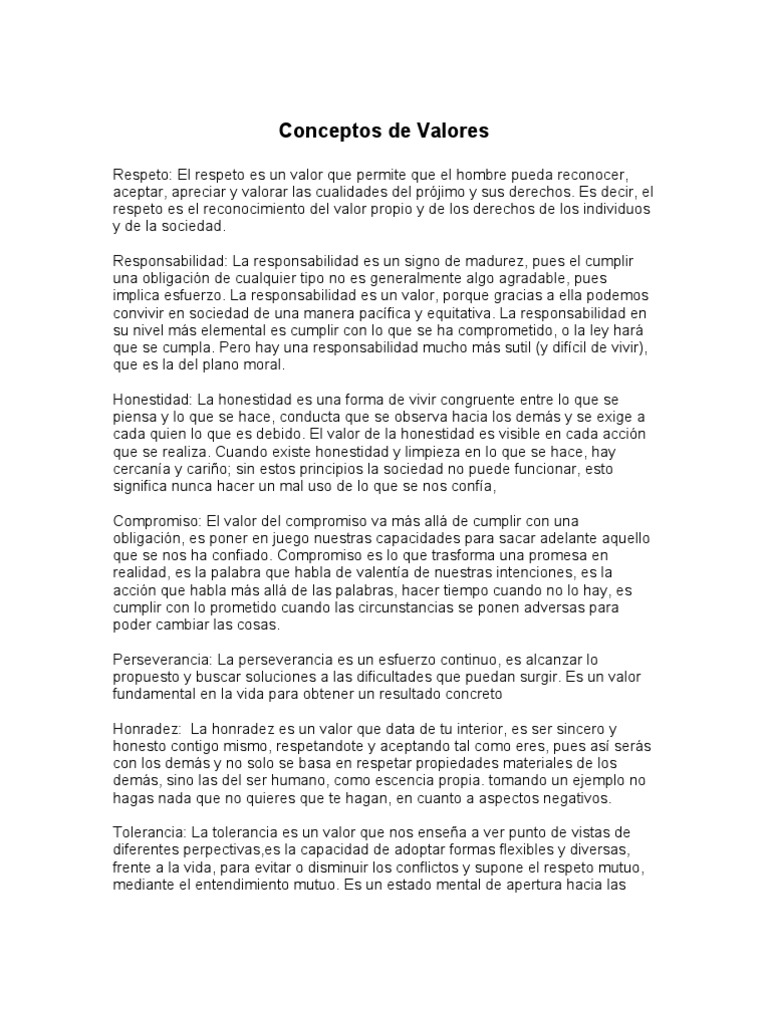 CONCEPTOS de valores: respeto, responsabilidad,honestidad 