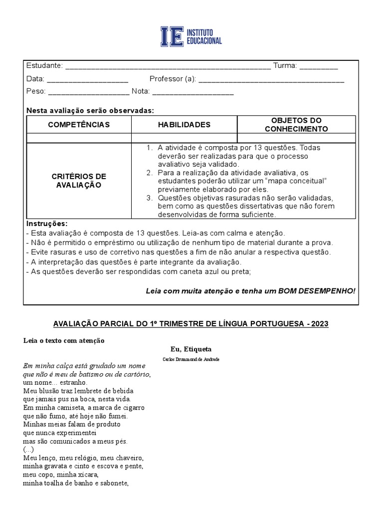 Avaliação de Língua Portuguesa 2023 | PDF | Carreira e Crescimento ...