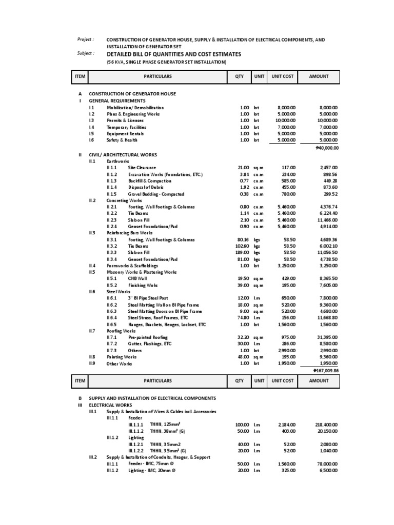 Genset Bill of Quantities Costing 56kva 3phase PDF PDF