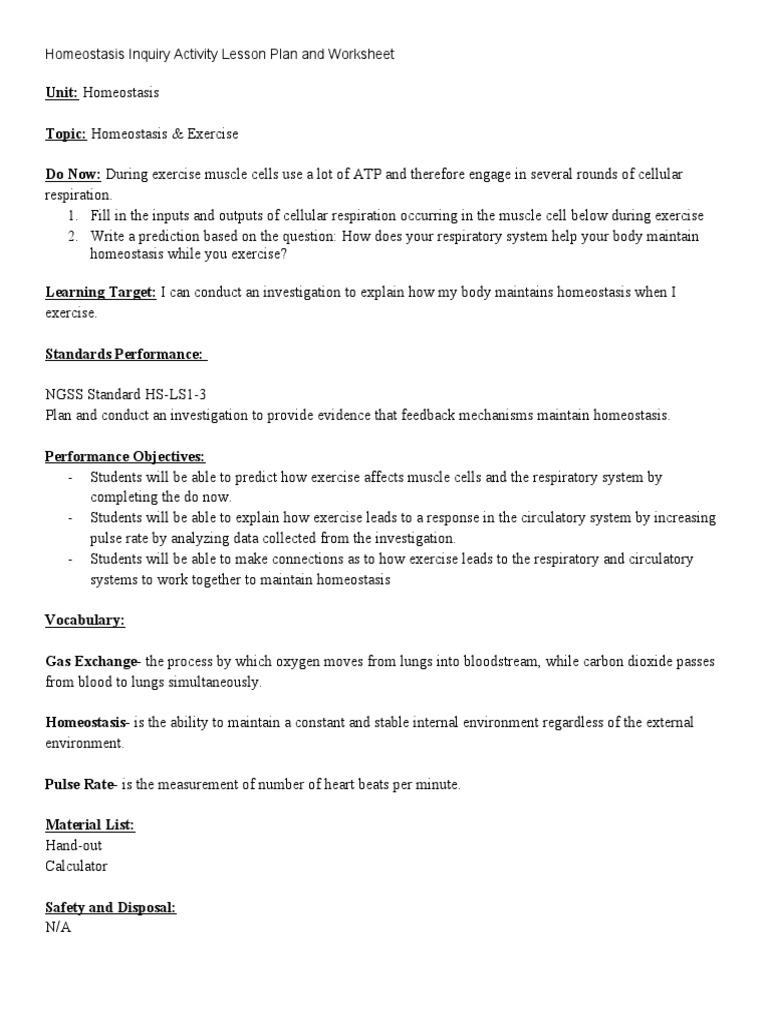 homeostasis exercise lesson plan PDF