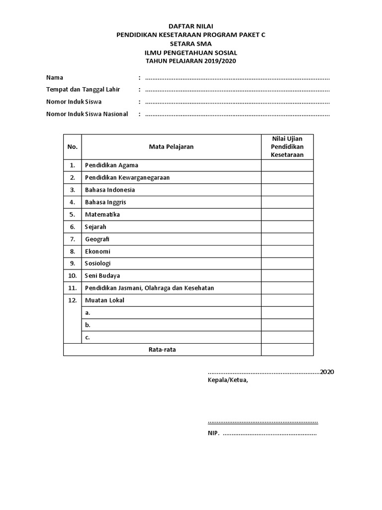 Daftar Nilai Program Paket C 2019/2020 | PDF
