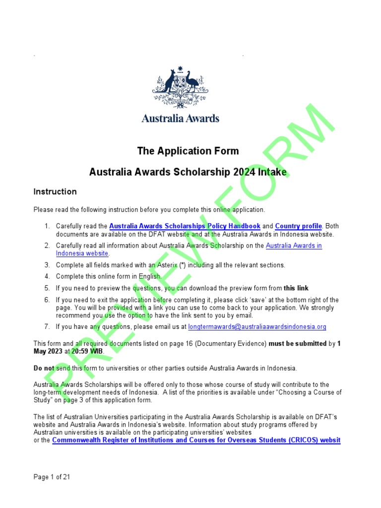 PREVIEW FORM Australia Awards Scholarships Application Form PHD and