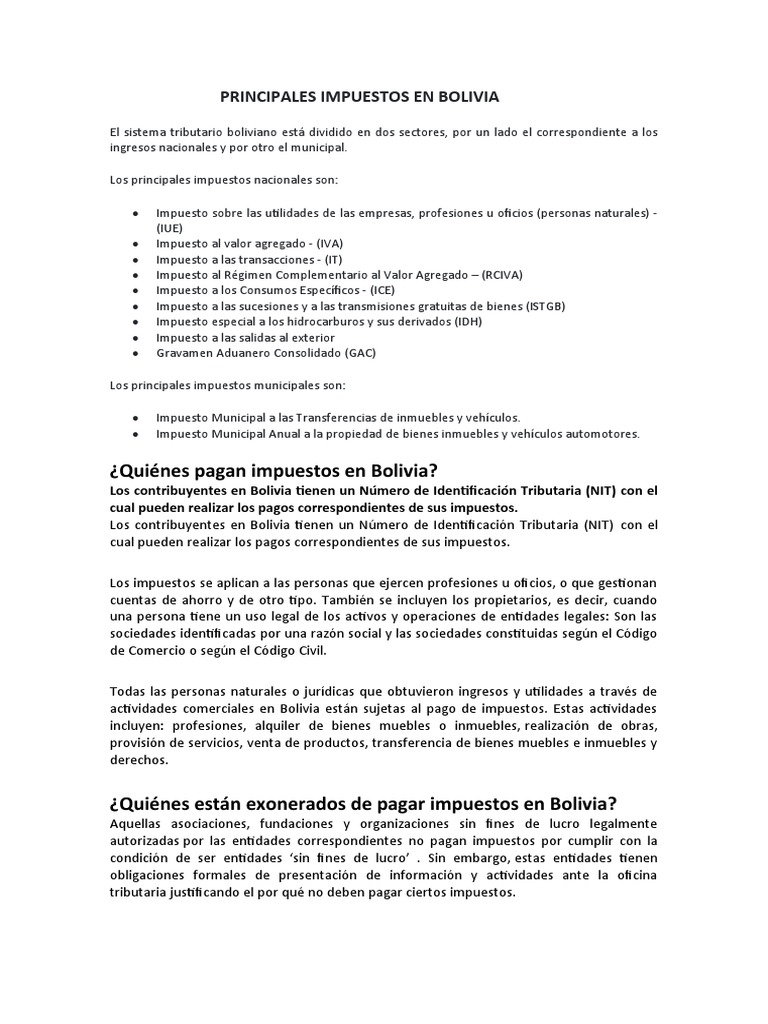 Principales Impuestos en Bolivia | PDF | Impuestos | Impuesto al valor ...