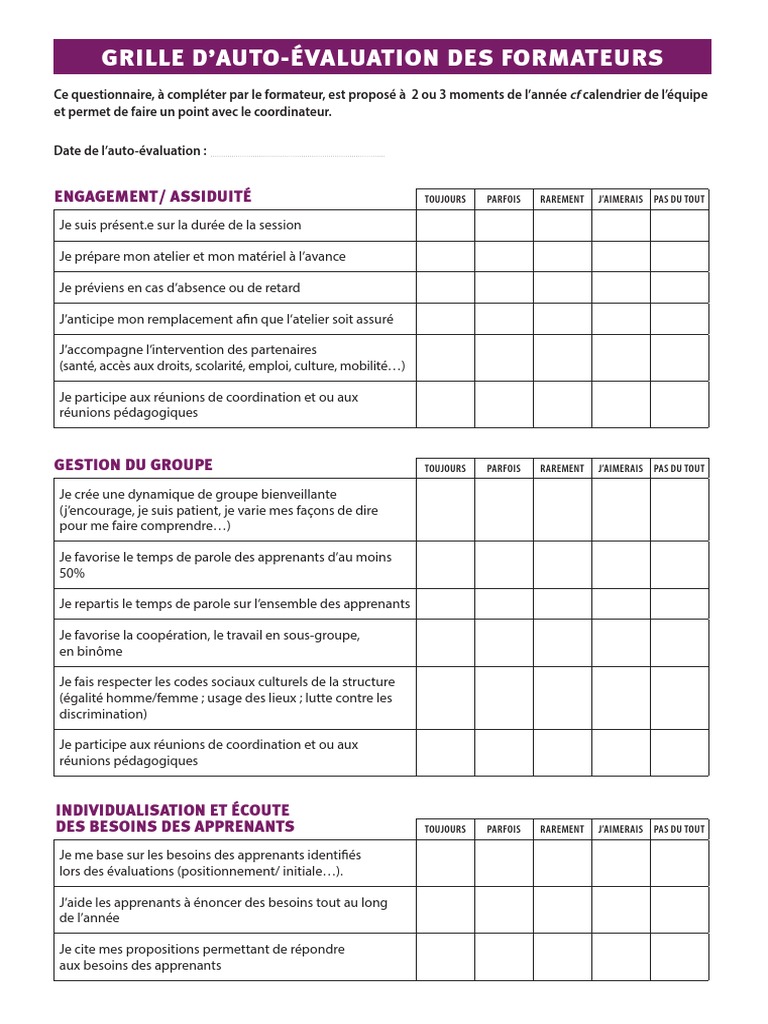 Grille d'auto-évaluation des formateurs | PDF