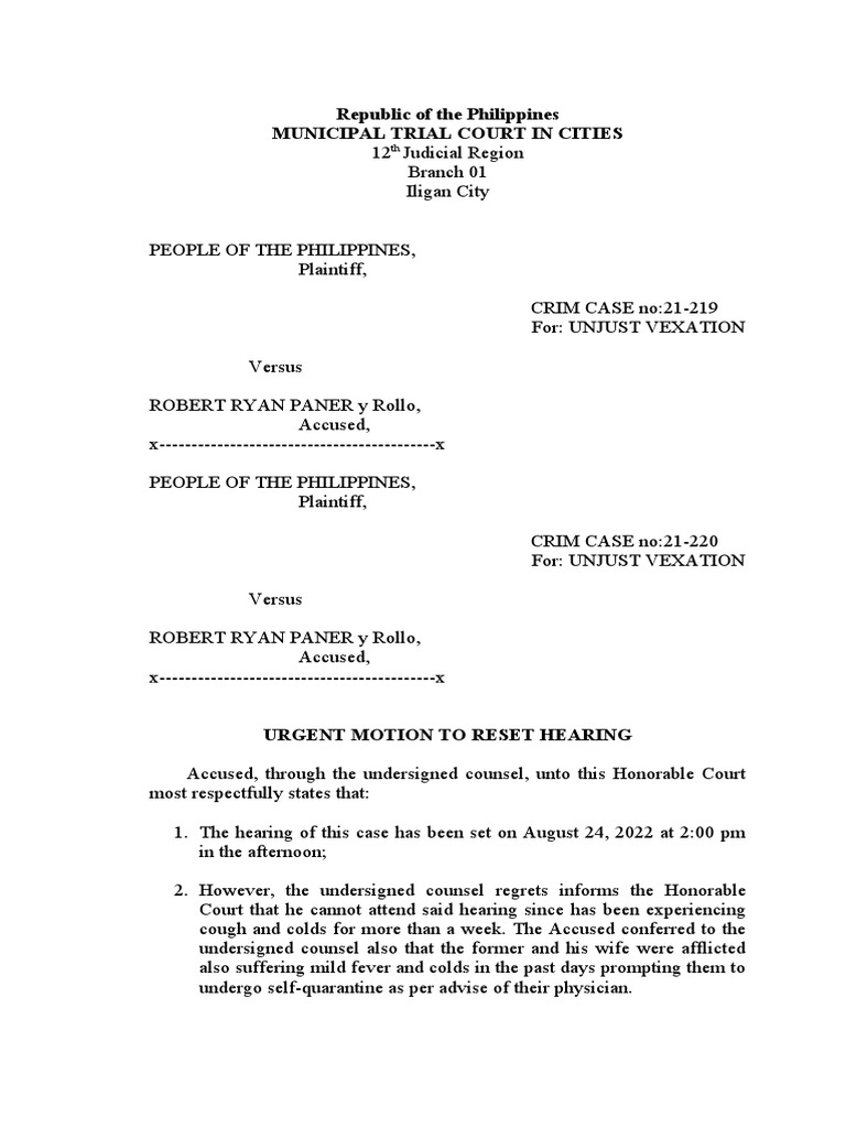 Urgent Motion To Reset Hearing Paner PDF Courts Public Law