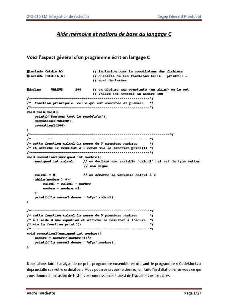 Notions de base du langage C | PDF | Structure de contrôle | C (Langage ...