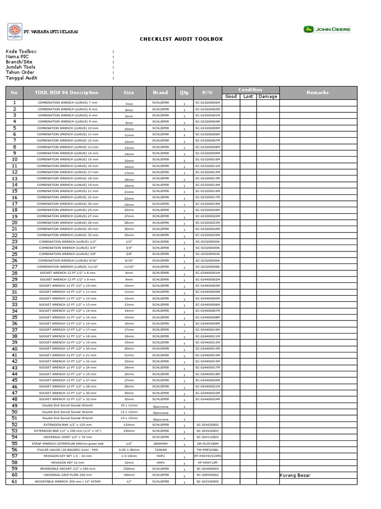 Toolbox List PDF Metalworking Equipment
