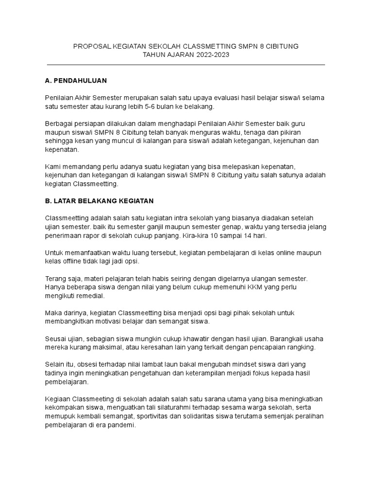 Proposal Classmeeting SMPN 8 Cibitung 2022 | PDF | Seni
