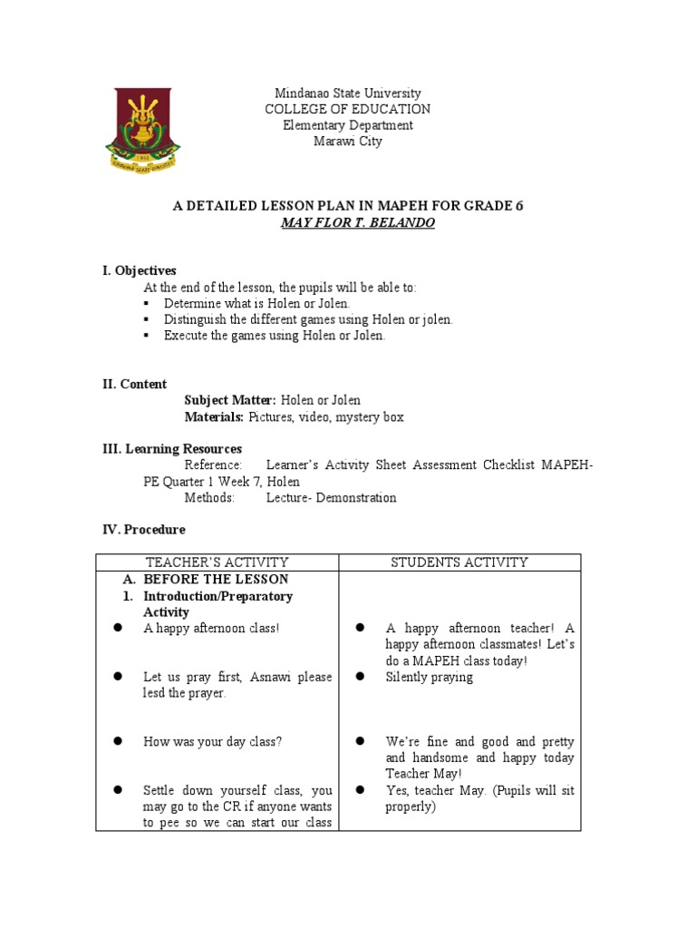 Detailed Lesson Plan in MAPEH 6 | PDF | Lesson Plan | Teachers
