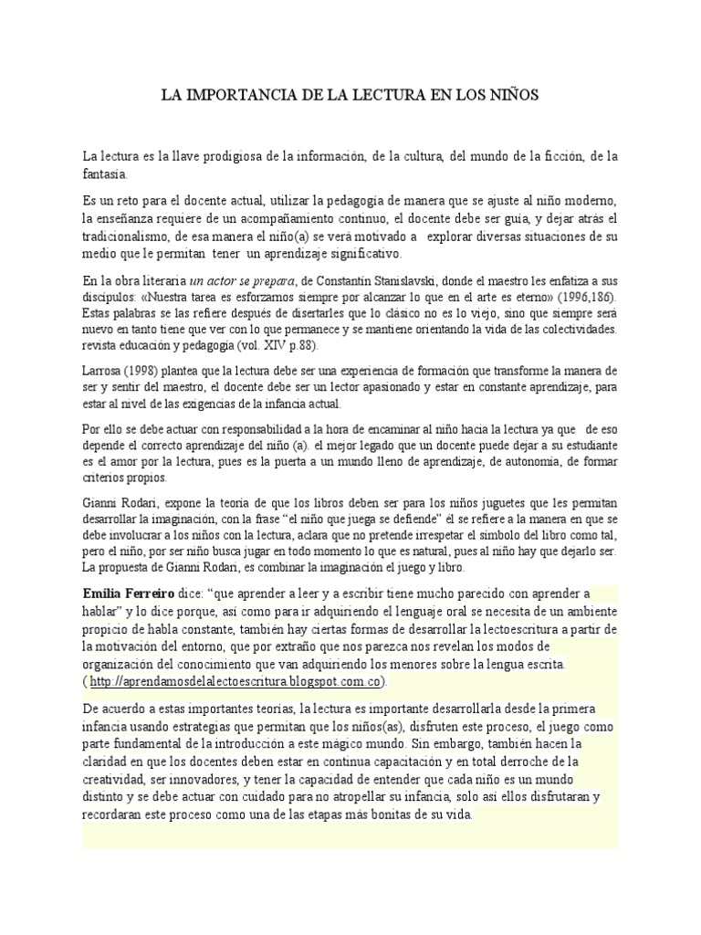 LA IMPORTANCIA DE LA LECTURA EN LOS NIÑOS | PDF | Maestros | Aprendizaje