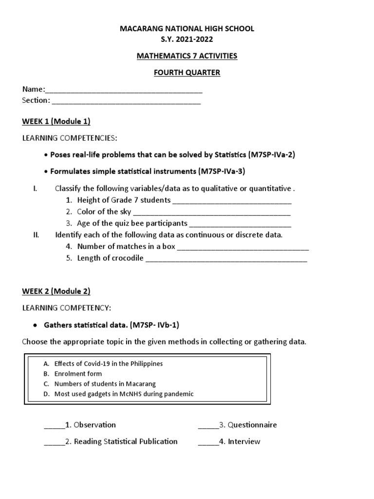 Math 7 Activities: Fourth Quarter Guide | PDF | Mean | Statistics