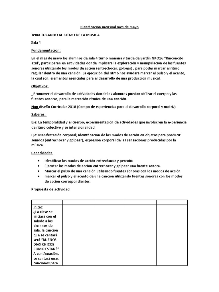 Planificación Musical Mayo Sala 4 | PDF | Ritmo | Las artes escénicas