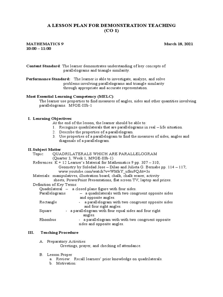 A Lesson Plan For Demonstration Teaching | PDF | Rectangle | Elementary ...