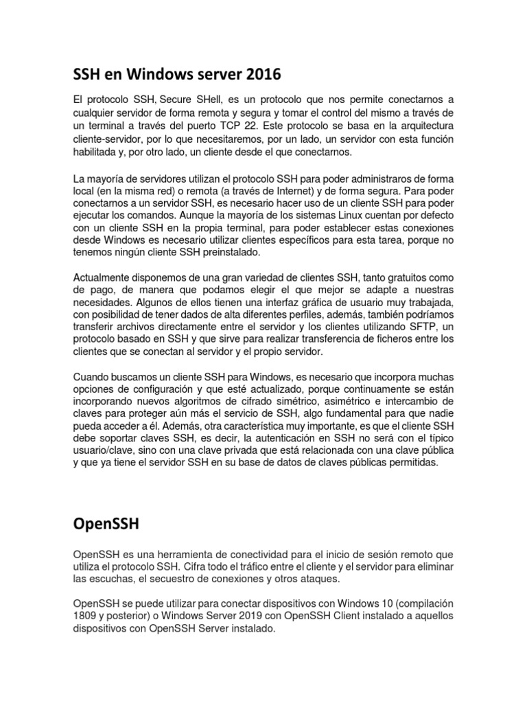 SSH en Windows server 2016 | PDF | Cubierta segura | Servidor (Computación)
