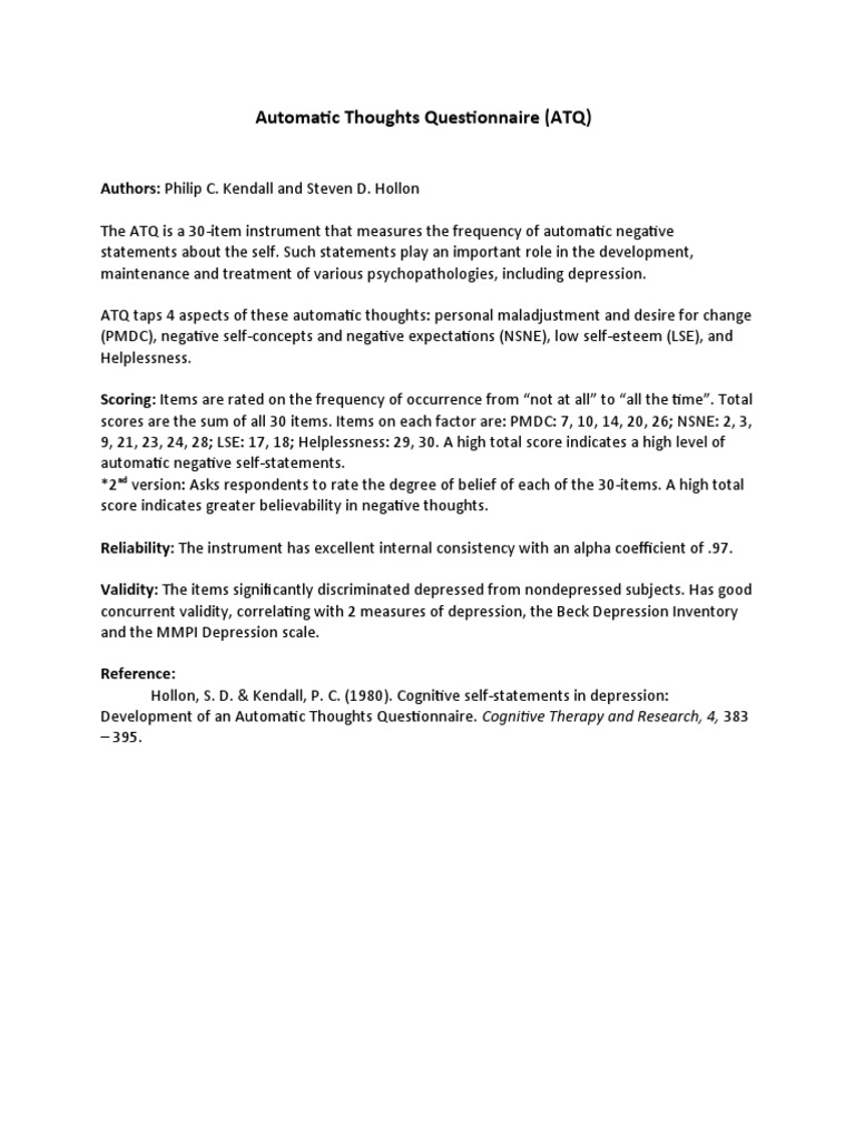 Automatic Thoughts Questionnaire Overview | PDF | Major Depressive ...