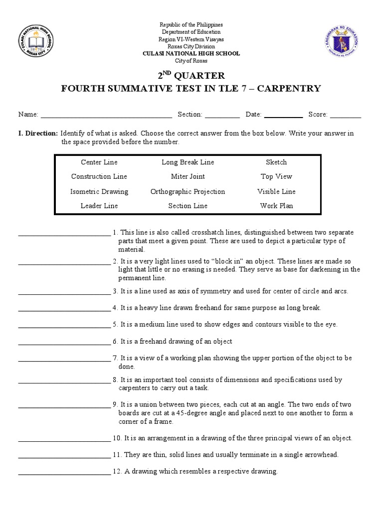 TLE 7 Carpentry 4th Summative Test | PDF | Artistic Techniques