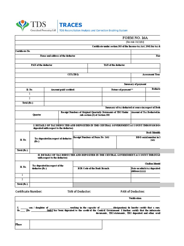 Form 16A Tax Deduction Certificate Template | PDF | Economies | Payments