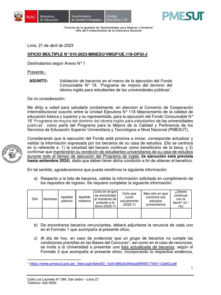 Oficio Múltiple 010-2023 - FC18 UNIVERSIDADES Validación Becarios PDF ...