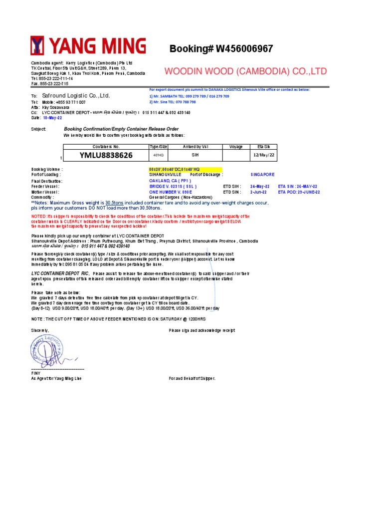 Booking Confirmation for Container Release | PDF