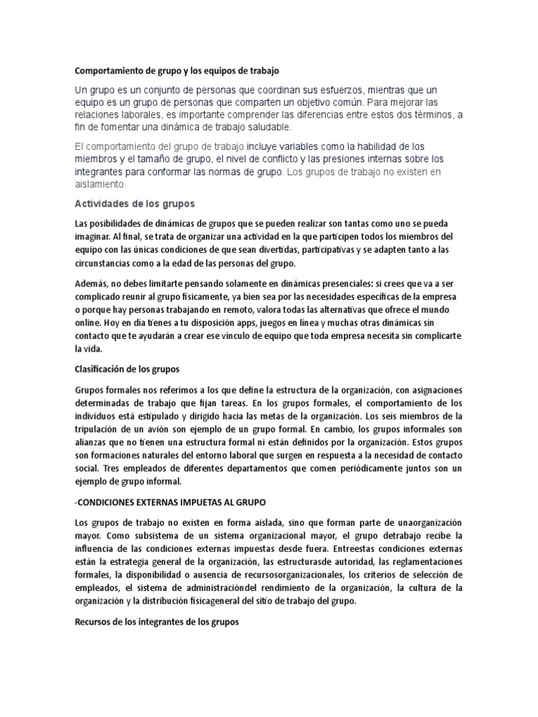 Comportamiento de Grupo y Los Equipos de Trabajo | PDF | Grupo de ...