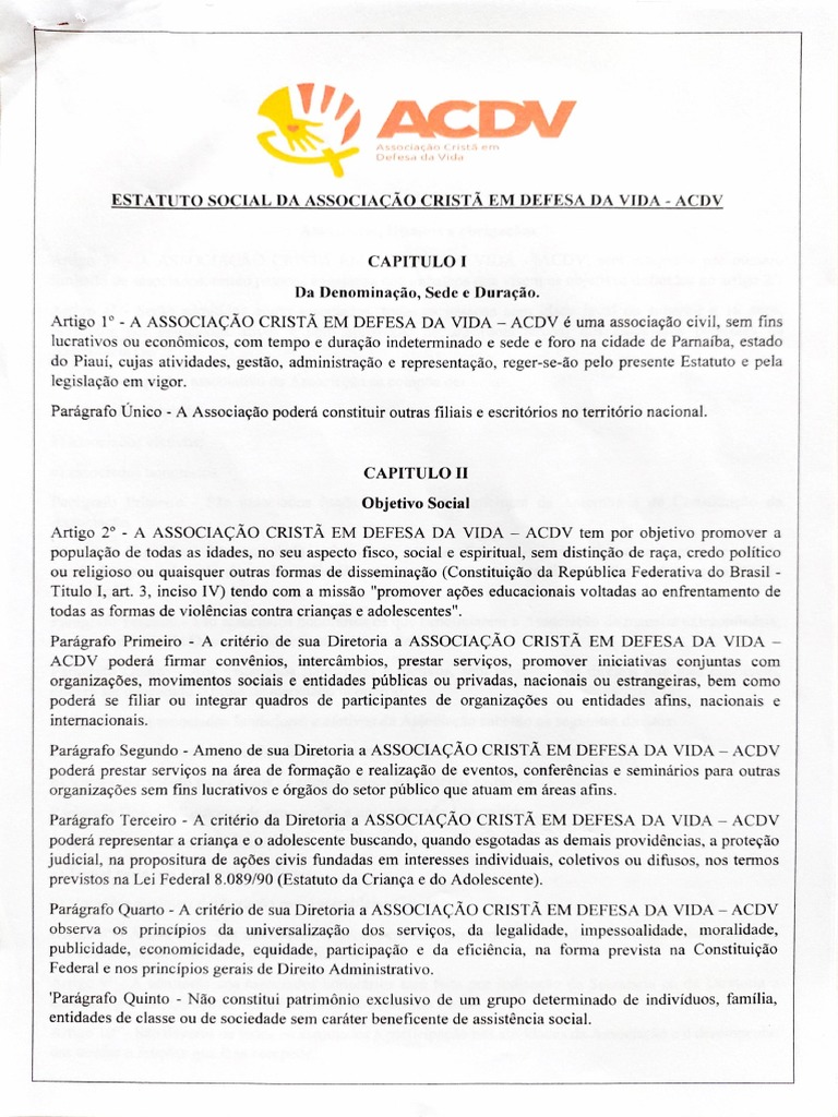 Estatuto da Associação Cristã ACDV | PDF | Conselho de Segurança das ...