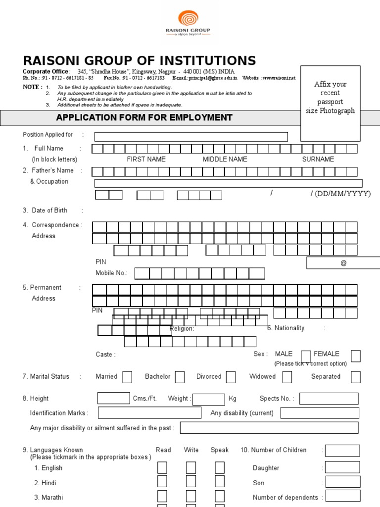 Raisoni Group of Institutions: Application Form For Employment | PDF
