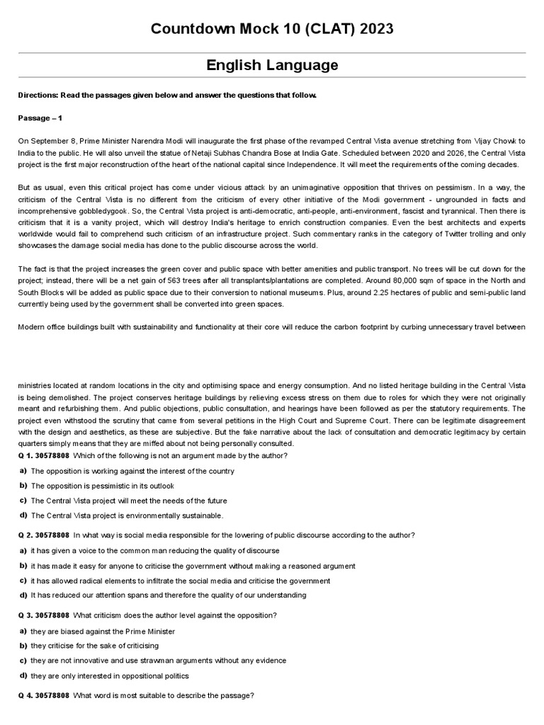 Countdown Mock 10 (CLAT) 2023 English Language | PDF | Human ...