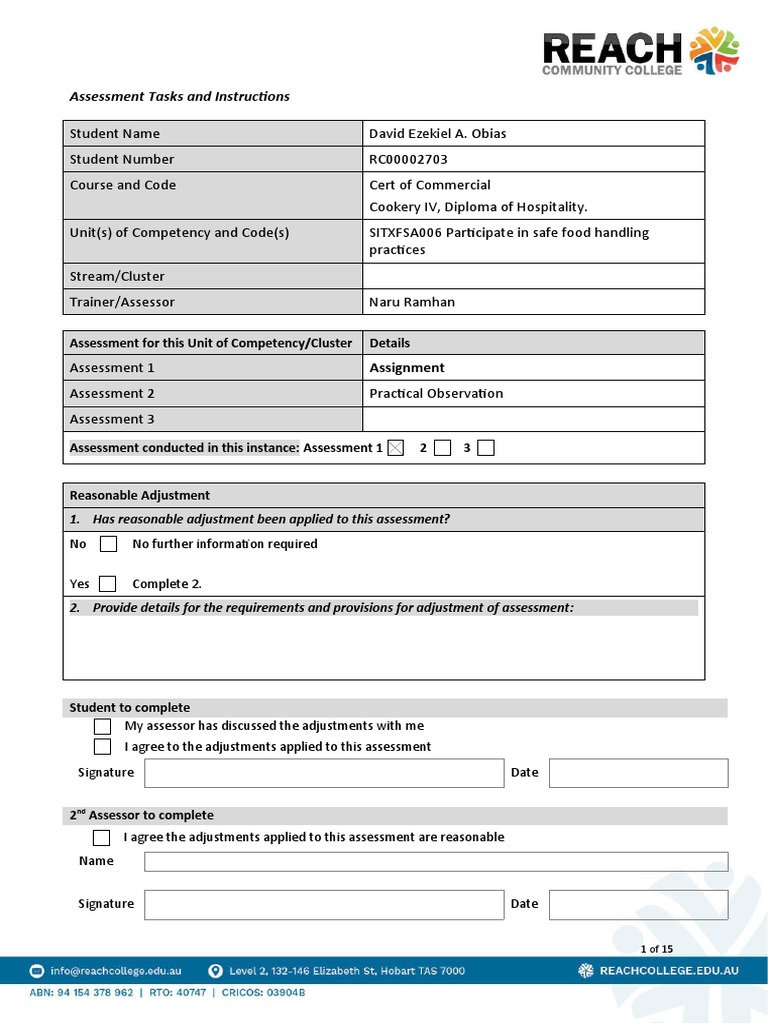 Reach - SITXFSA006 Assessment 1 - Assignment | Download Free PDF | Food ...
