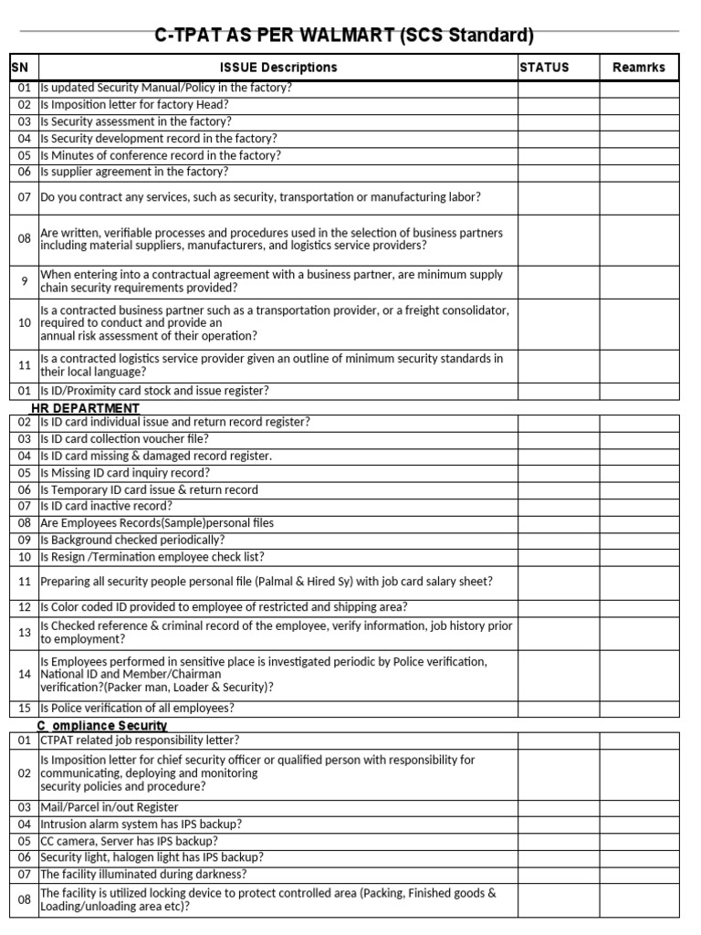 CTPAT Document Check List SCS Standard.xlsx PDF Employment