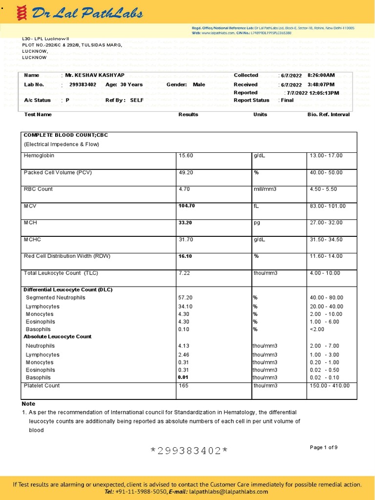 CBC and Lipid Profile Report for Keshav Kashyap | PDF | Cholesterol ...