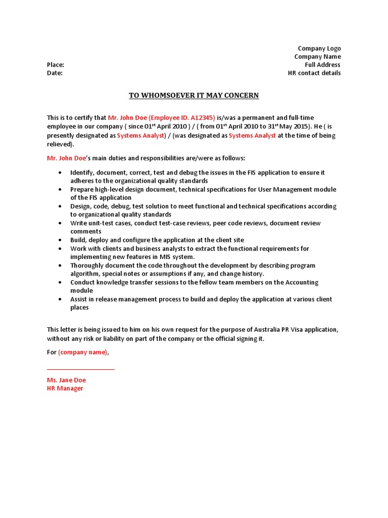 Roles Responsibilities Letter Sample Australia PDF PDF