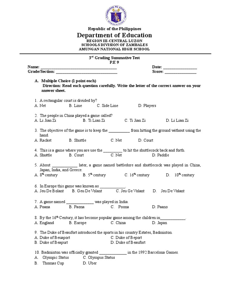 Summative Test P E Pdf Entertainment Sports