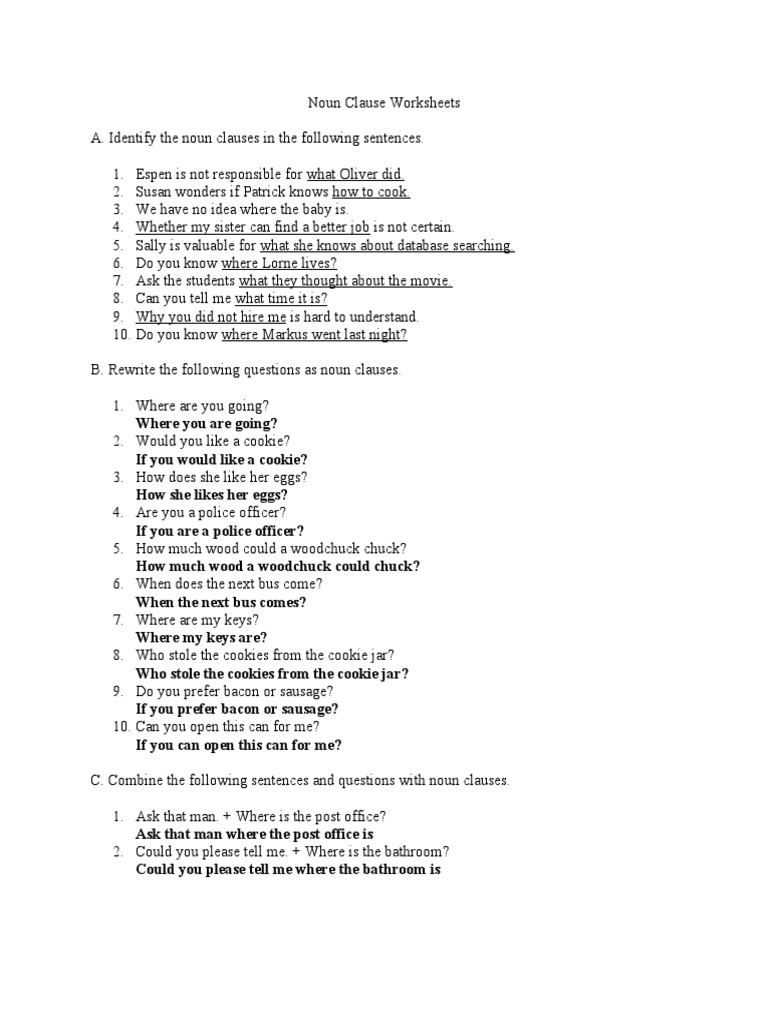 Noun Clauses Questions and Answers Grammar Drills 5746 PDF
