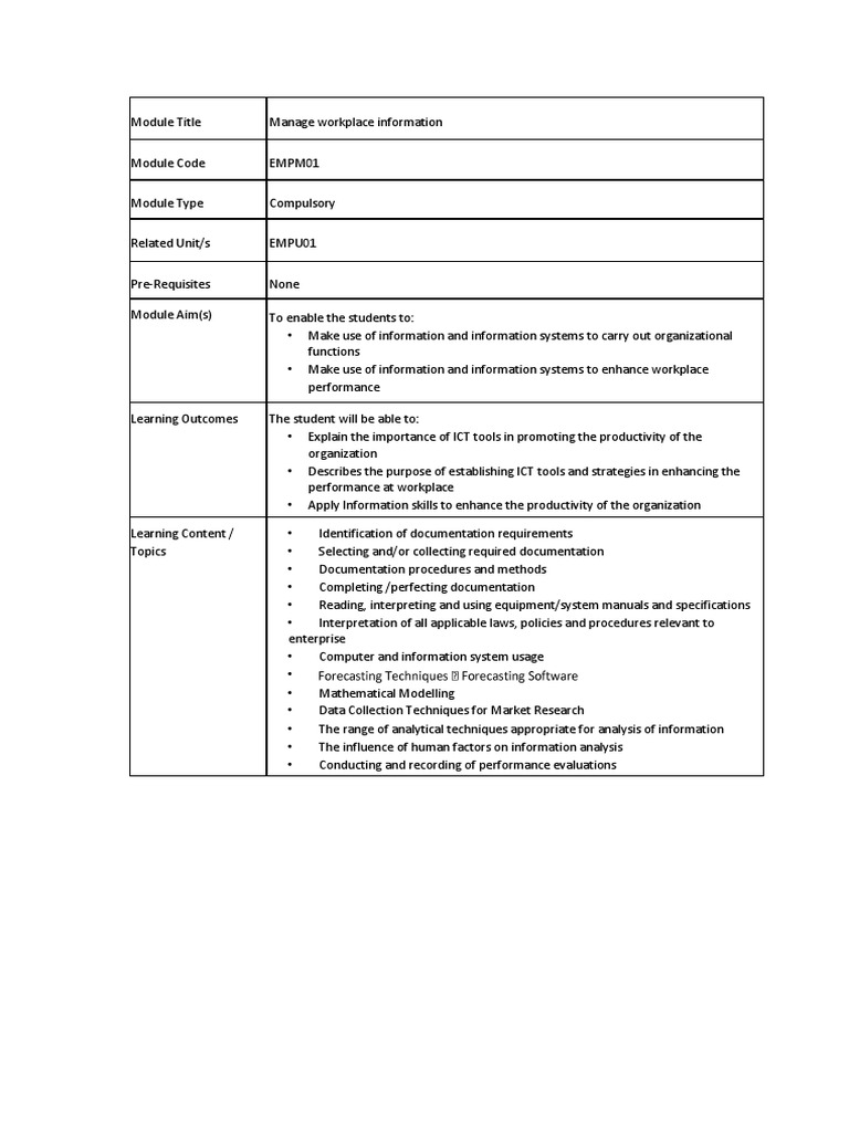 Manage Workplace Information Pdf Pdf Information Educational