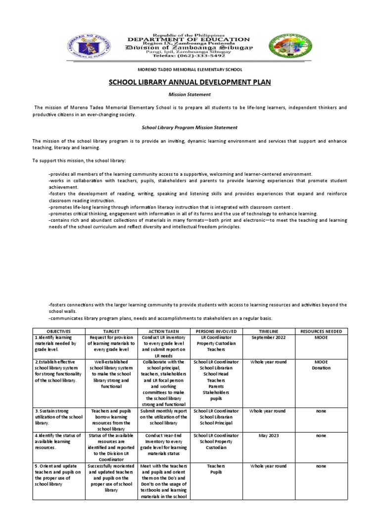 School Library Annual Development Plan | PDF | School Library | Libraries