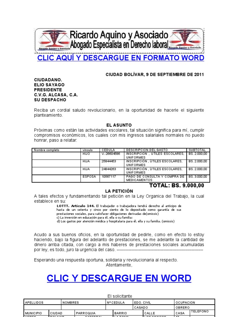 Formato Modelo Ejemplo Solicitud De Adelanto De Prestaciones Pdf Economias