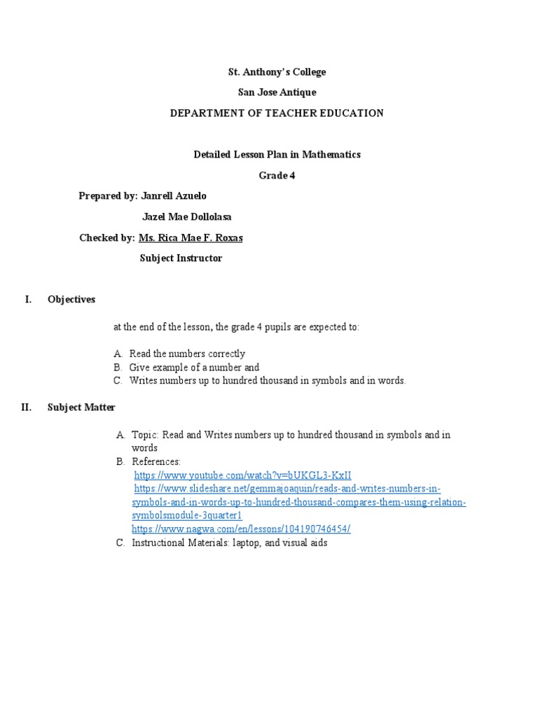 Lesson Plan Math 4 Pdf Language Arts Discipline