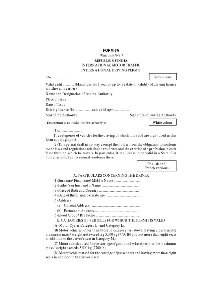 International Driving Permit Form 6A | PDF | Driver's License | Driving