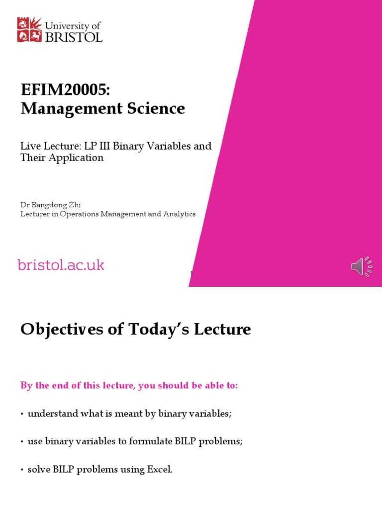 Efim20005 management science live lecture lp iii binary variables