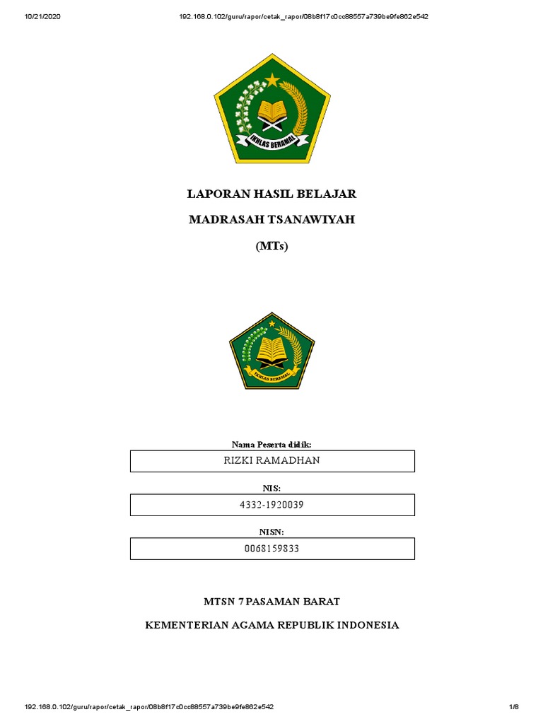 Rapor Belajar Rizki Ramadhan MTsN 7 | PDF