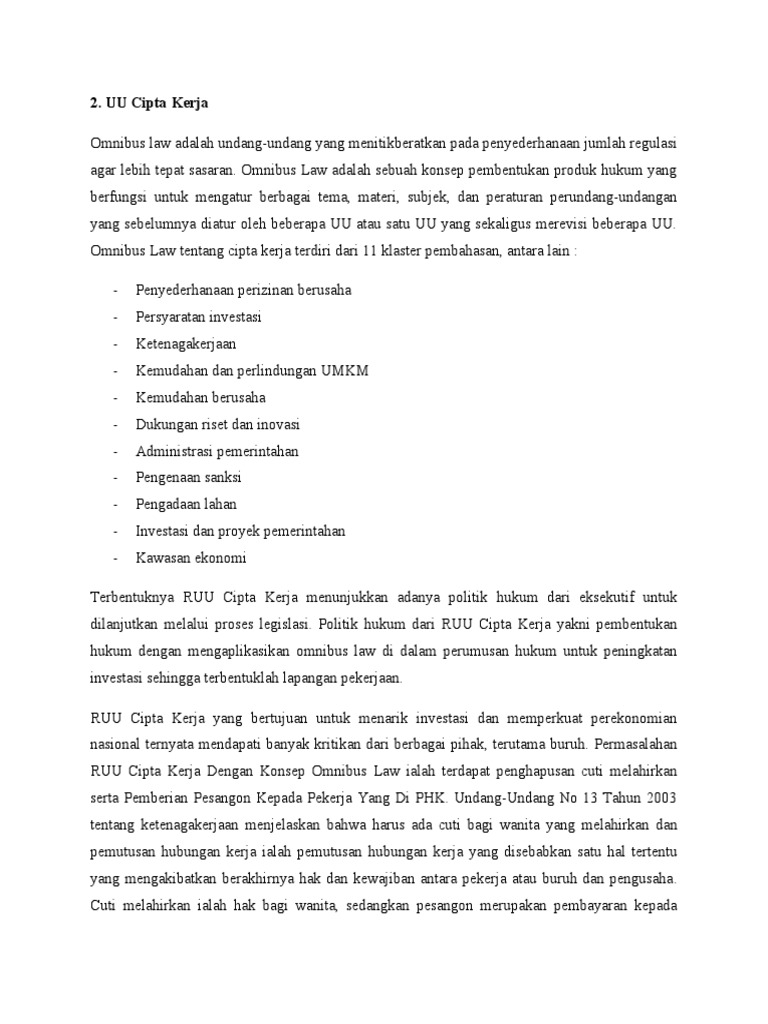 Dokumen undang-undang Cipta Kerja yang menjadi dasar uji materi