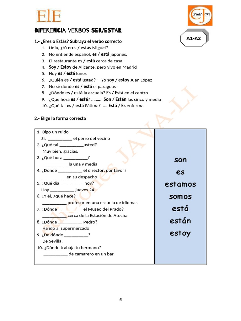 Ejercicios de verbos ser y estar | PDF