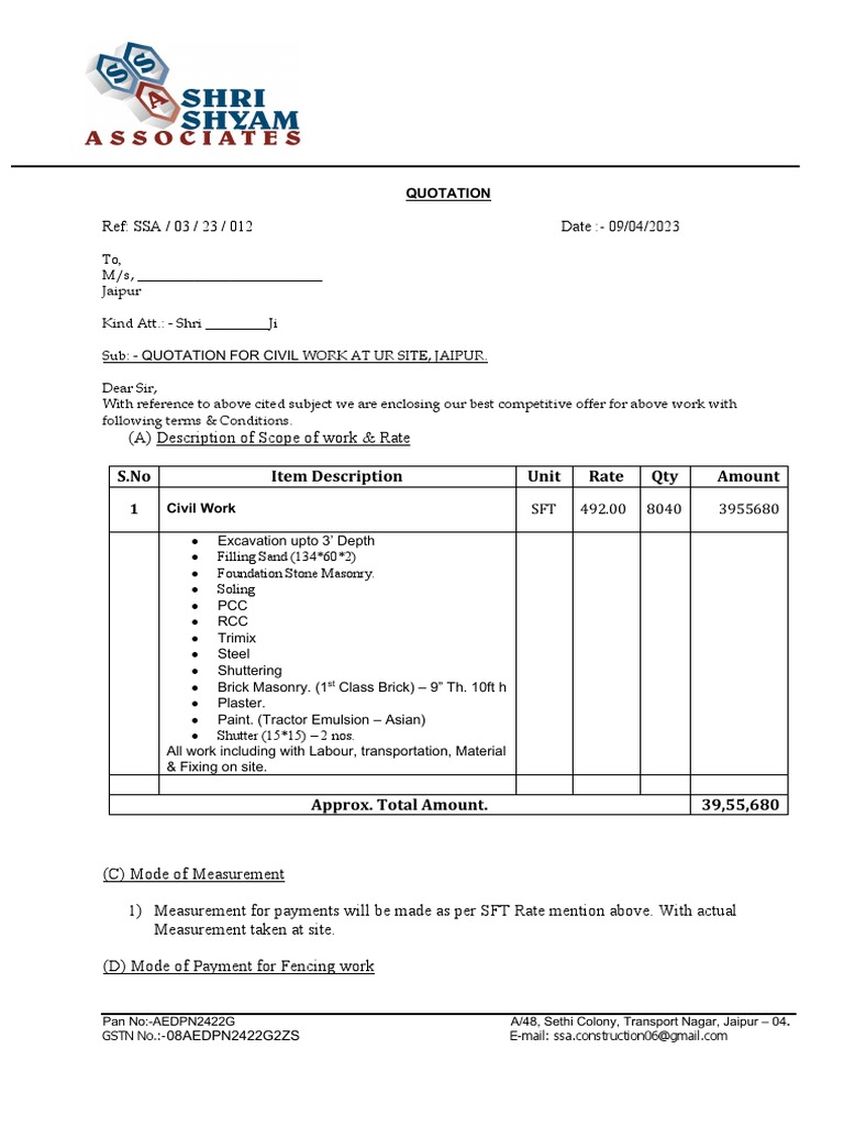 SSA Quotation For Factory Shead & Civil Work For Plotno 46, Bagru ...